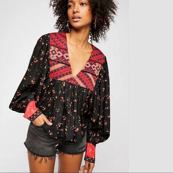 Free People Tops - Free People Lady Lou Embroidered Black Blouse size medium Blouse